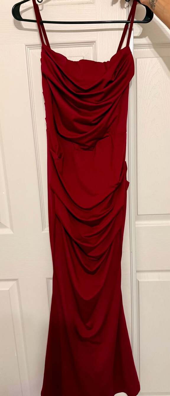 House of CB Adrienne Scarlet Satin Strapless Cowl Neck Mermaid Maxi Dress